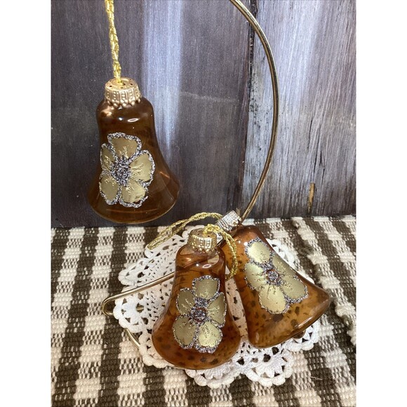 Vintage Blown Glass Bell Christmas Ornaments West Germany Brown & Gold Glitter - Picture 3 of 16